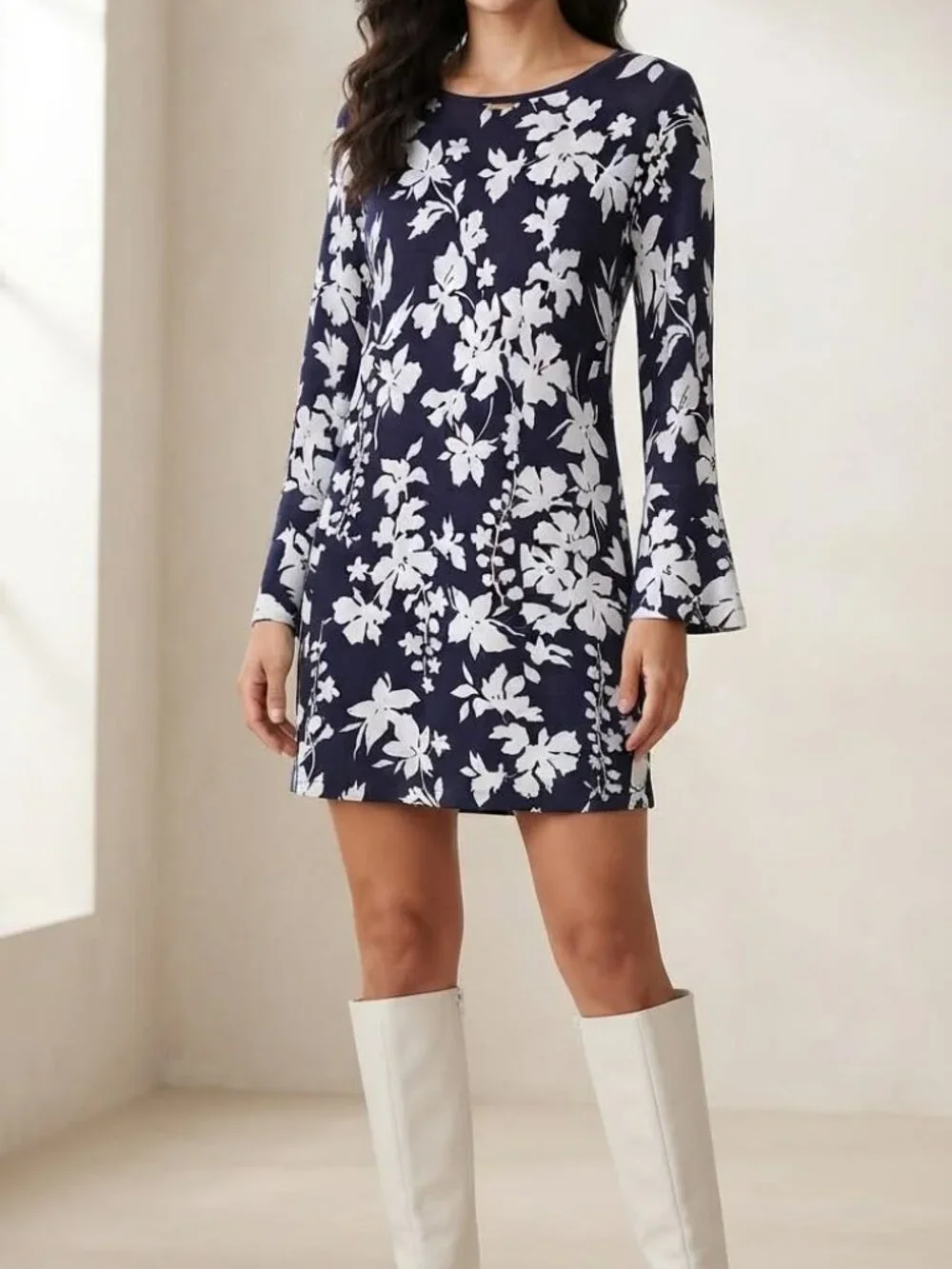 MICHAEL Michael Kors Navy Blue White Floral Long Sleeve Shift Dress Size L retro